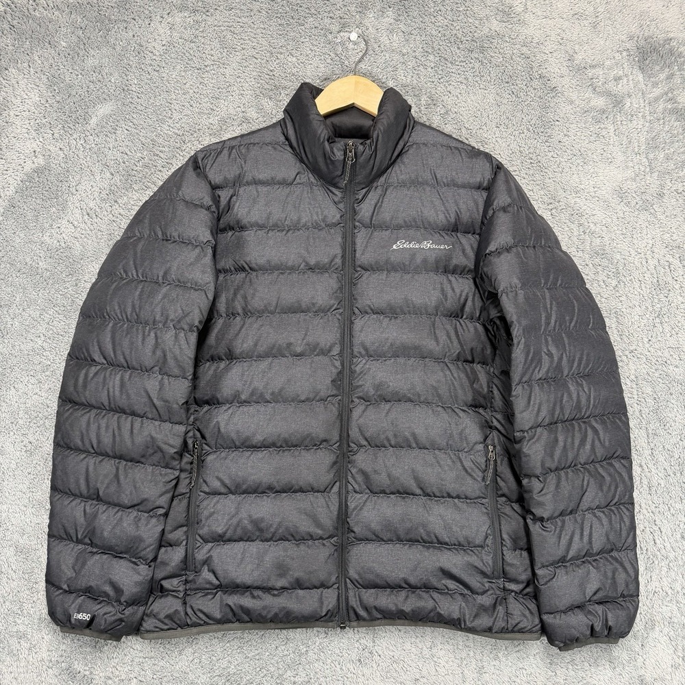 Eddie Bauer EB650‎ Down Jacket Mens L Gray Puffer Packable Full Zip Insulated